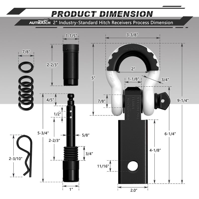 AUTMATCH Shackle Hitch Receiver 2 Inch - 3/4"" D Ring Shackle and 5/8"" Trailer Hitch Lock Pin  45 000 Lbs Break Strength Heavy Duty Receiver Towing Kit for Off-Road Vehicle Recovery  Black & White - Image 3
